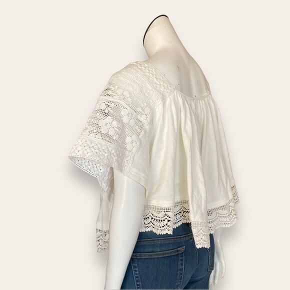 White Cotton and Lace Boho Blouse w/ Black Embroidery, Flowy relaxed fit NWT - Picture 6 of 6